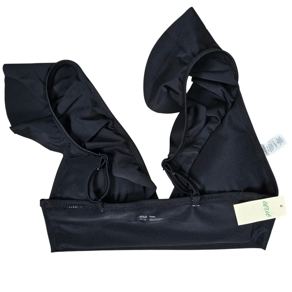 Aerie Black Ruffle‎ Triangle Bikini Swim Top Small XS Adjustable Straps